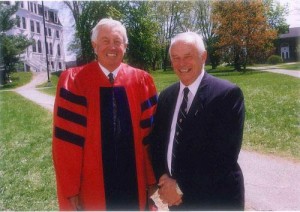 Mr. Béliveau after receiving Honourary degree from Acadia University in 1988, pictured with Mr. Bill Parker VP External Relations. (photo from Acadia Athletics)